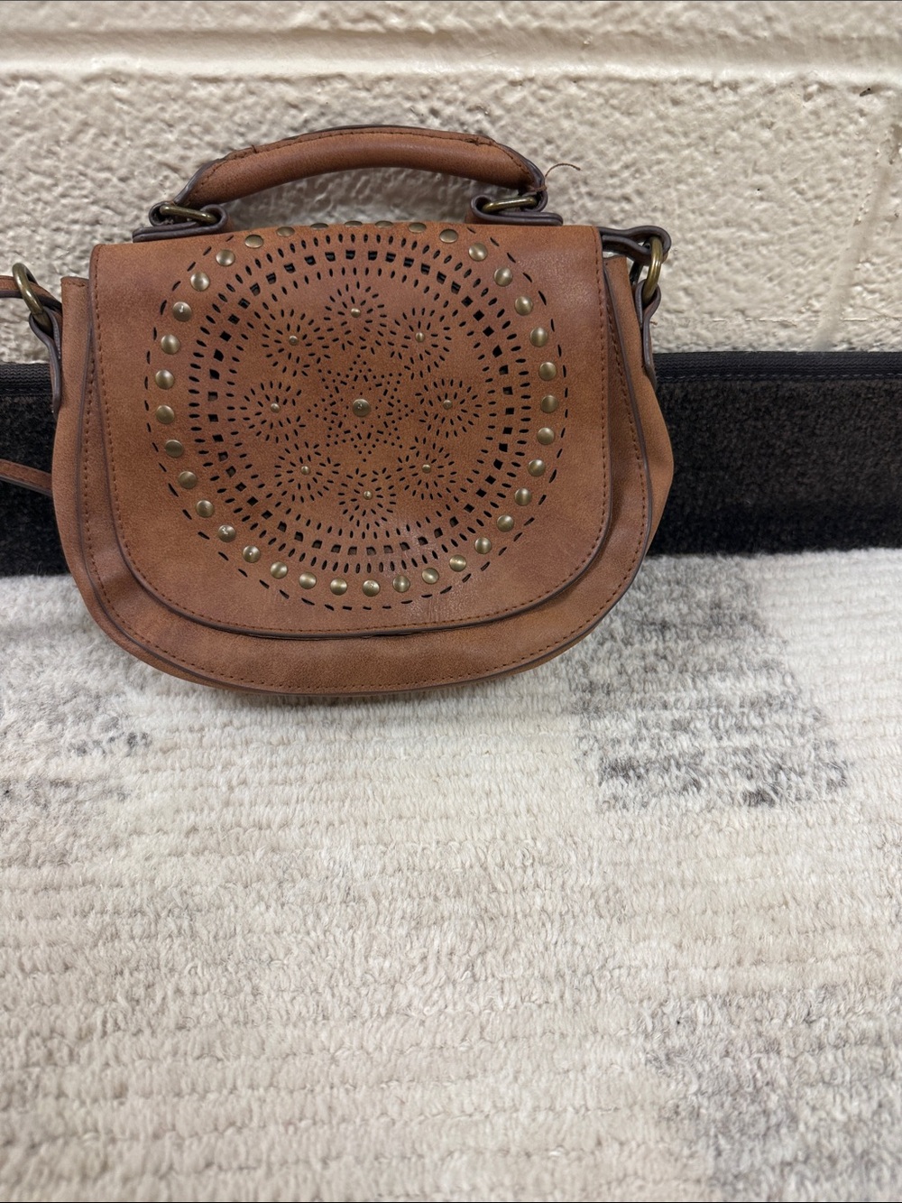 T-Shirt & Jeans Brown Laser-Cut Saddle Crossbody with Stud Accents